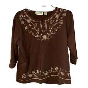 Shenanigans‎ Brown Embroidered Floral 3/4 Sleeve Knit Top Womens Large Boho